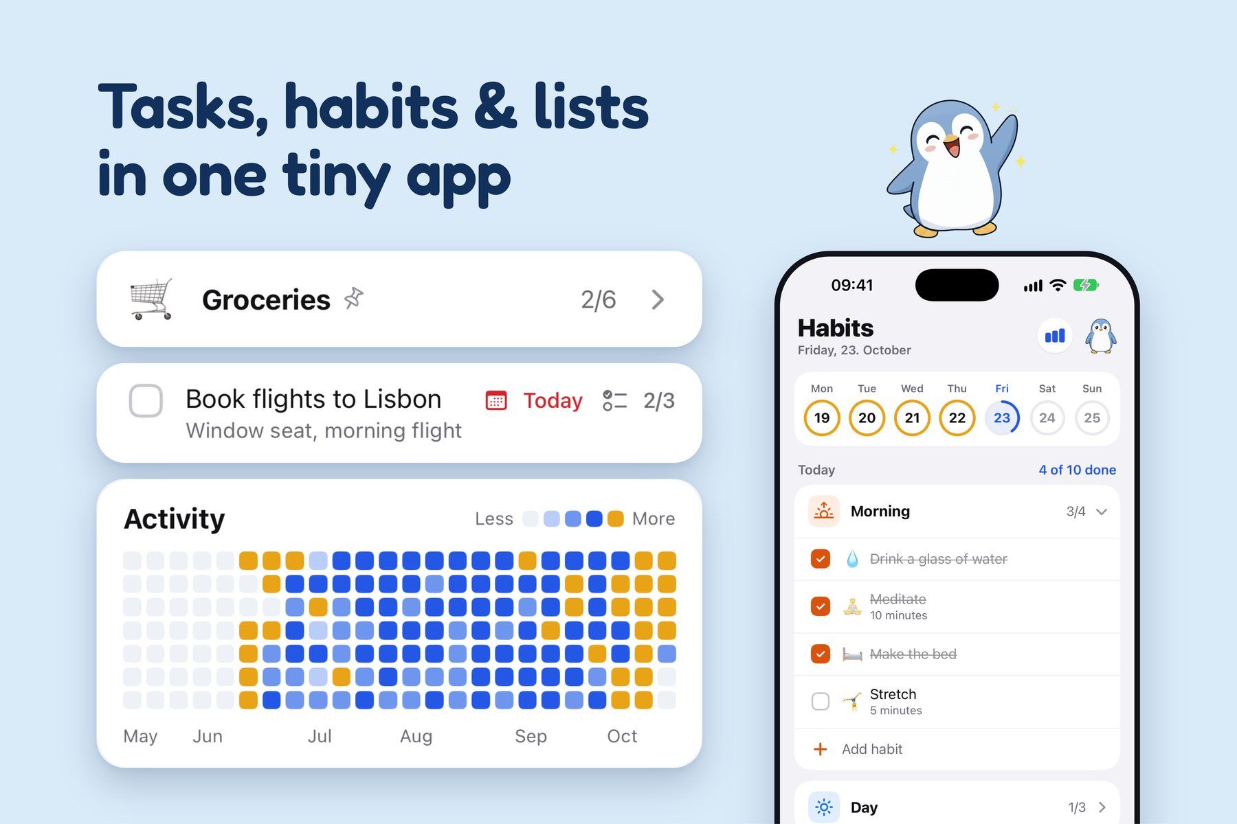 Tasks, habits and lists in one tiny app. Tick's groceries list, a task, the activity calendar and the Habits screen.