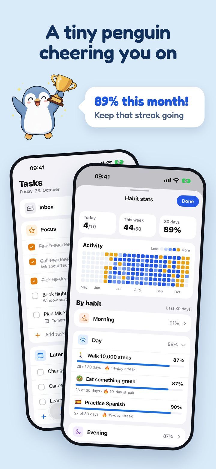 A tiny penguin cheering you on. Tick's Tasks and Habit stats screens.
