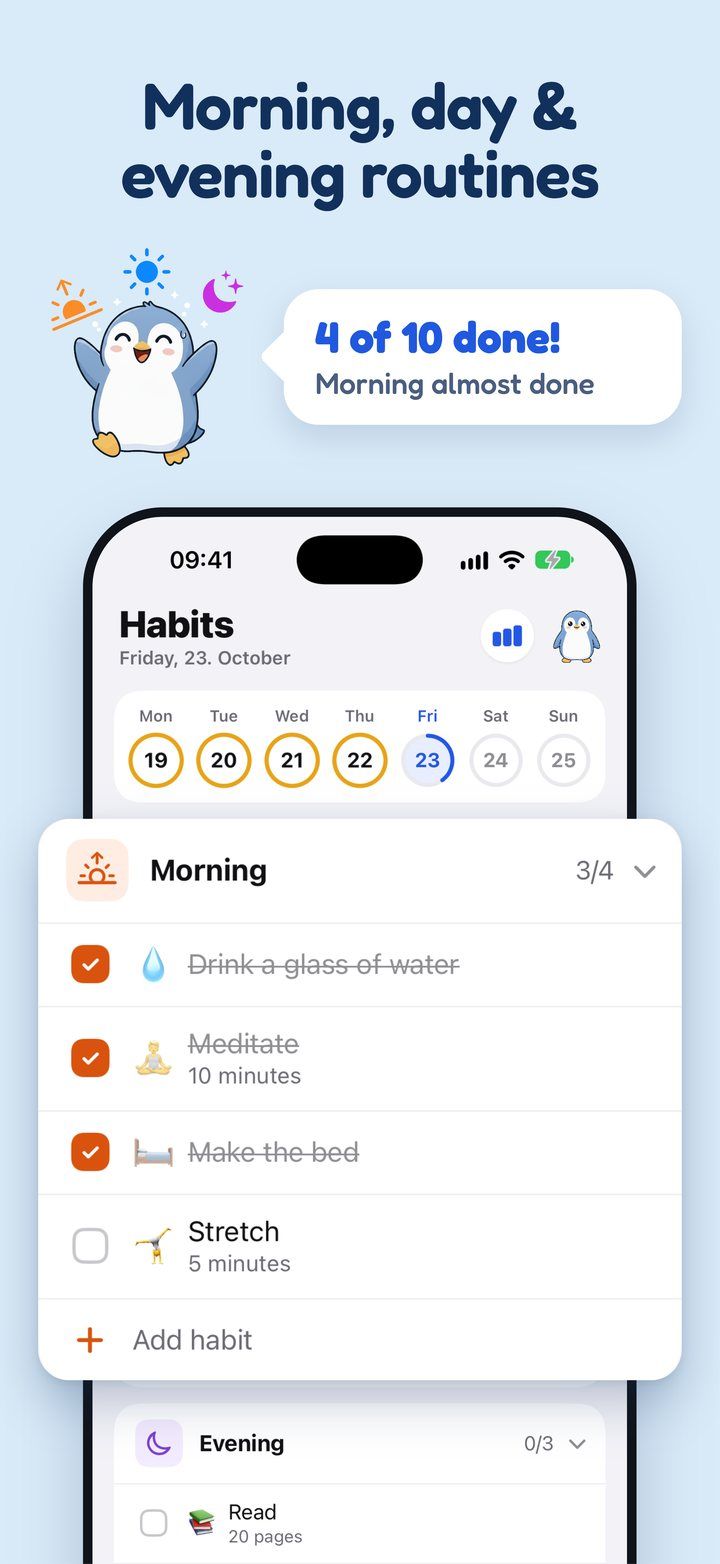 Morning, day and evening routines. 4 of 10 done! Tick's Habits screen.