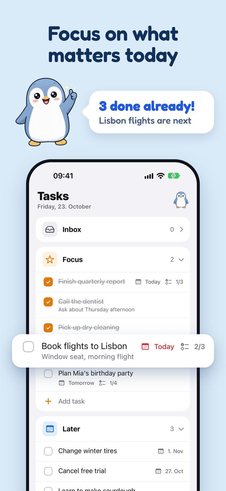 Focus on what matters today. 3 done already! Tick's Tasks screen.