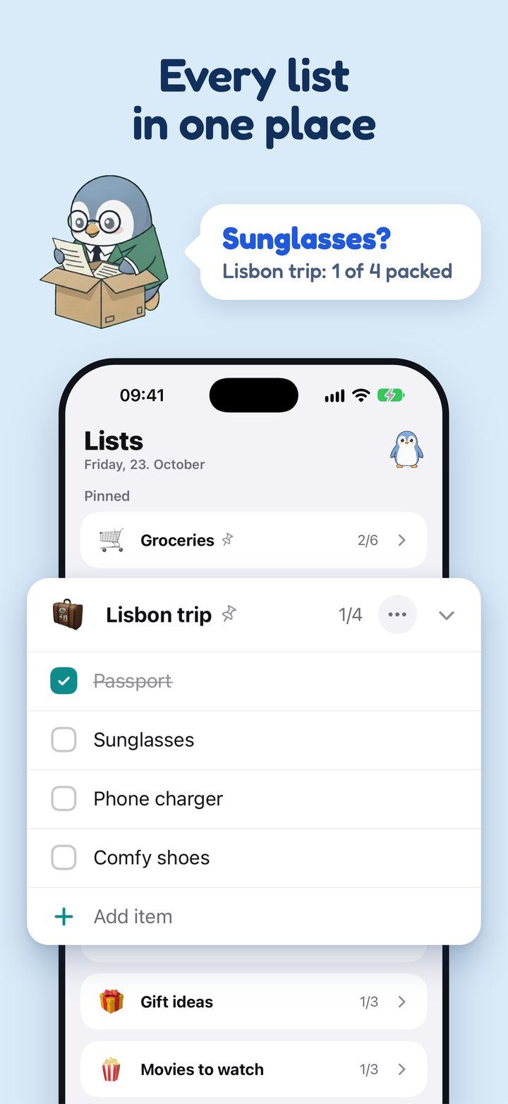 Every list in one place. Lisbon trip: 1 of 4 packed. Tick's Lists screen.